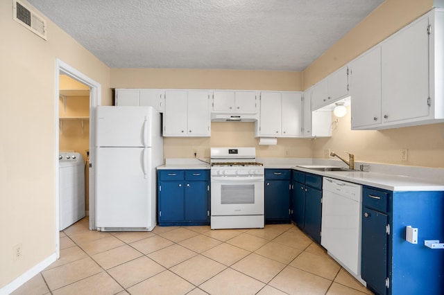 kitchen featuring white cabinets, white appliances, blue cabinetry, and sink