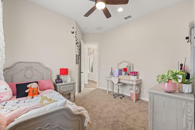 carpeted bedroom with ceiling fan