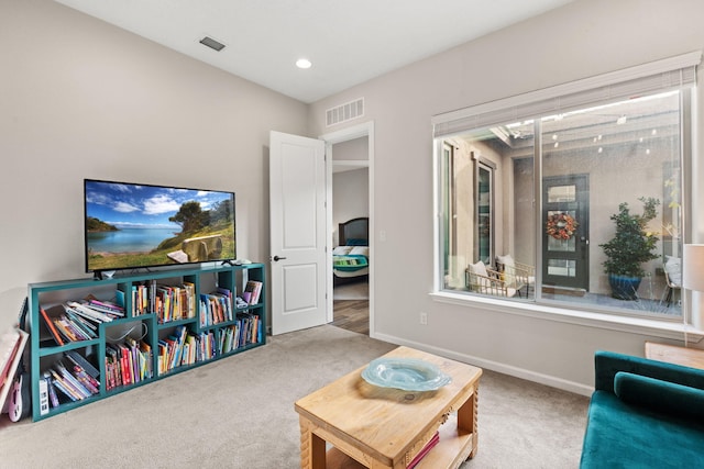 living area featuring carpet floors