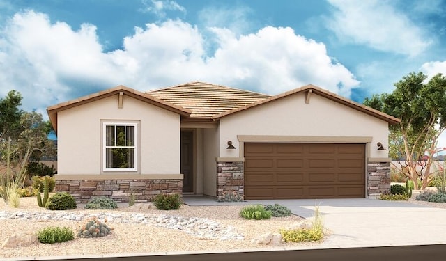 ranch-style house with an attached garage, stucco siding, concrete driveway, stone siding, and a tiled roof