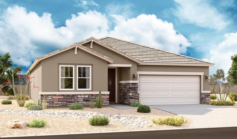 view of front of property featuring driveway, stone siding, and stucco siding