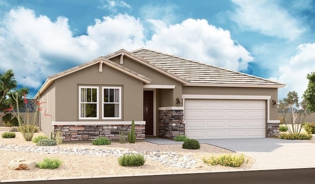 view of front of property featuring driveway, stone siding, and stucco siding