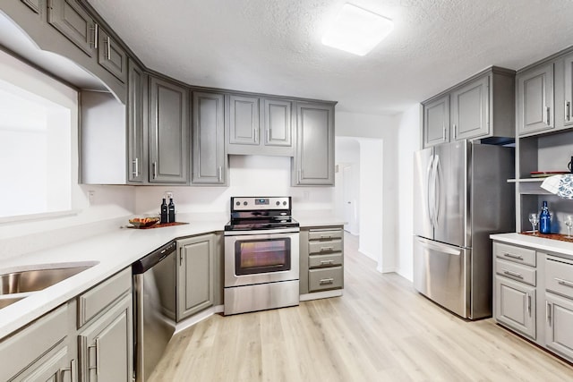 kitchen featuring gray cabinetry, sink, light wood-type flooring, a textured ceiling, and appliances with stainless steel finishes