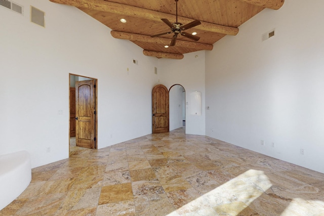 empty room with wooden ceiling, a ceiling fan, visible vents, and beam ceiling