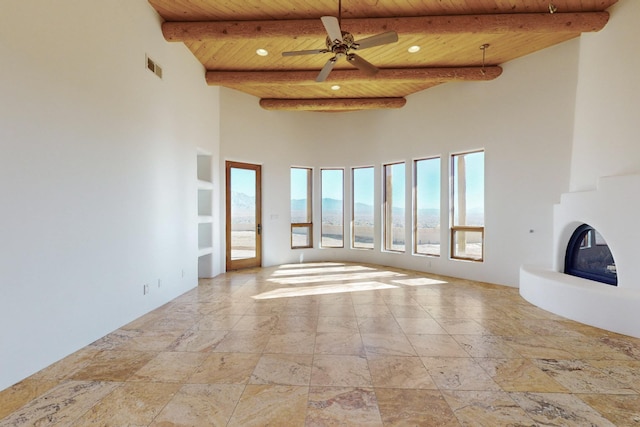 unfurnished living room featuring visible vents, a glass covered fireplace, wood ceiling, beam ceiling, and recessed lighting