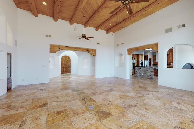 unfurnished living room featuring wooden ceiling, ceiling fan, visible vents, and arched walkways