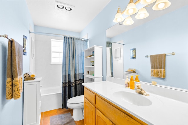 full bathroom with tile patterned flooring, vanity, toilet, and shower / bathtub combination with curtain