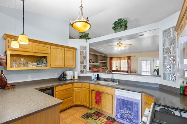 kitchen featuring ceiling fan, sink, decorative light fixtures, white appliances, and light tile patterned flooring