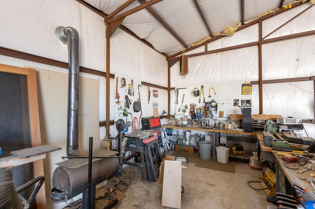 garage with a workshop area