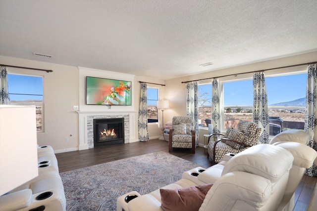 living room featuring dark hardwood / wood-style floors, a stone fireplace, and a textured ceiling