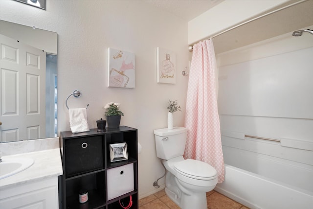 full bathroom featuring vanity, shower / tub combo, tile patterned flooring, and toilet