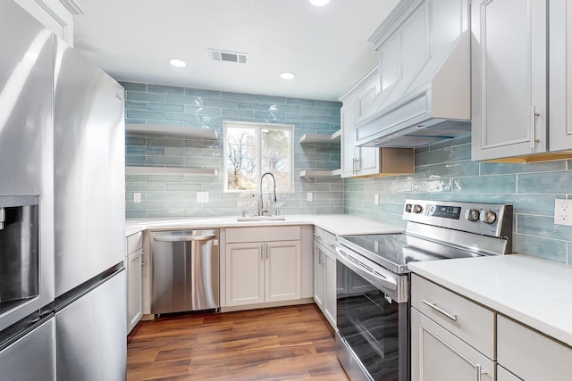 kitchen featuring sink, dark hardwood / wood-style flooring, premium range hood, decorative backsplash, and appliances with stainless steel finishes