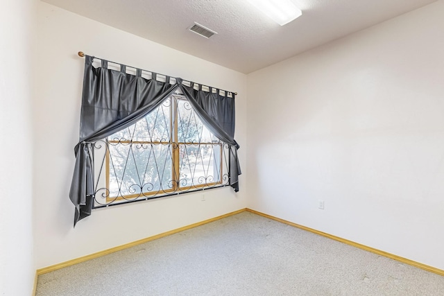 spare room featuring carpet flooring and a textured ceiling