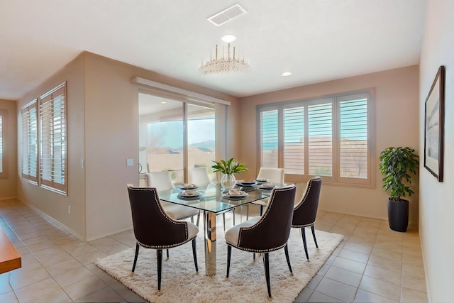 dining room with light tile patterned floors, baseboards, visible vents, and recessed lighting