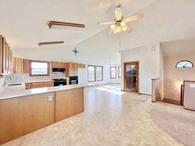 kitchen with sink, backsplash, plenty of natural light, and black appliances