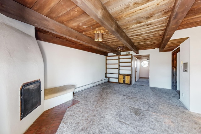 unfurnished living room with wood ceiling, beamed ceiling, a baseboard radiator, and dark carpet