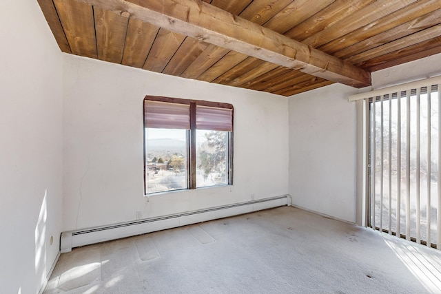 spare room with light carpet, beam ceiling, a baseboard radiator, and wooden ceiling