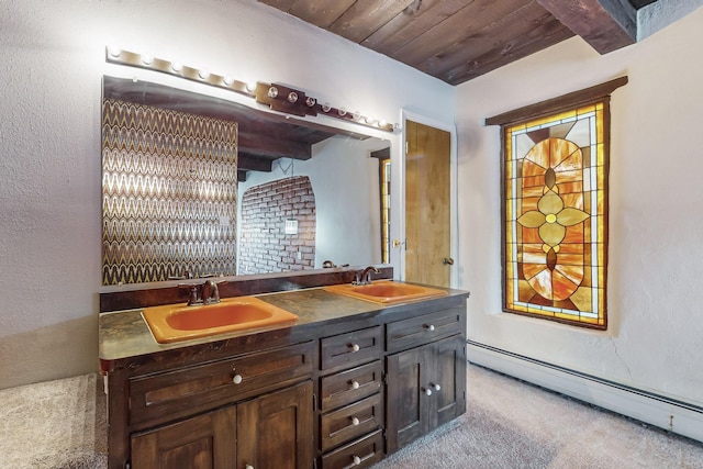 bathroom featuring beamed ceiling, vanity, wood ceiling, and a baseboard radiator