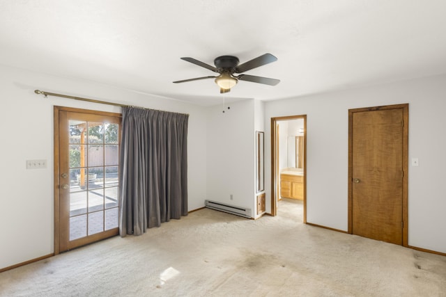 spare room featuring ceiling fan, light colored carpet, and a baseboard radiator