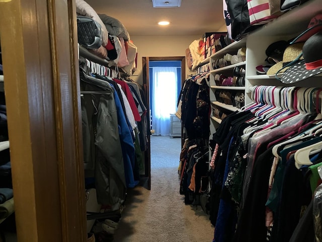 walk in closet featuring light carpet