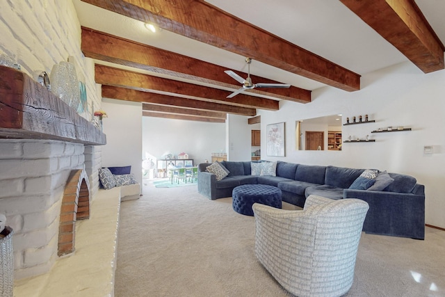 living room featuring light carpet, ceiling fan, and beam ceiling