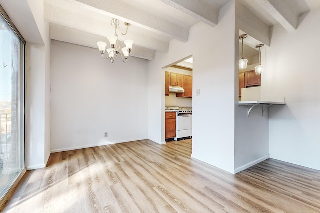 interior space featuring a chandelier, light hardwood / wood-style flooring, beamed ceiling, and a healthy amount of sunlight