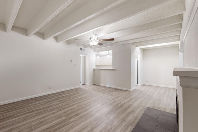 unfurnished living room featuring beamed ceiling, ceiling fan, wood-type flooring, and a textured ceiling