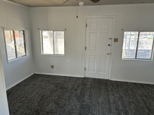 foyer entrance with ceiling fan, a healthy amount of sunlight, and crown molding