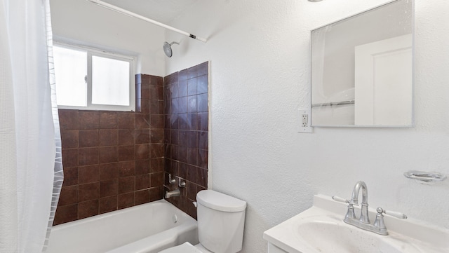 full bathroom with vanity, toilet, and shower / bathtub combination with curtain