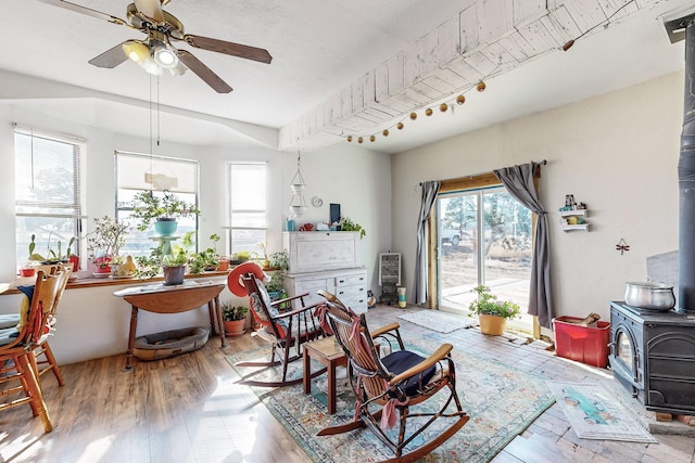 6284 State Highway 55, Mountainair, NM 87036 - living room featuring a wood stove, wood finished floors, a ceiling fan, and track lighting