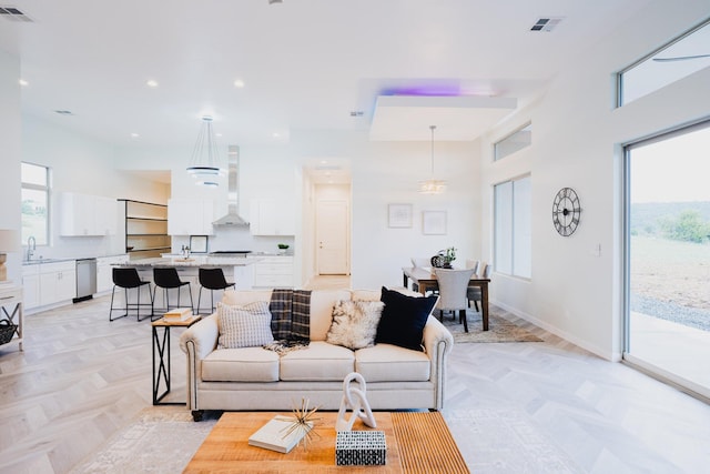 living room with light parquet flooring