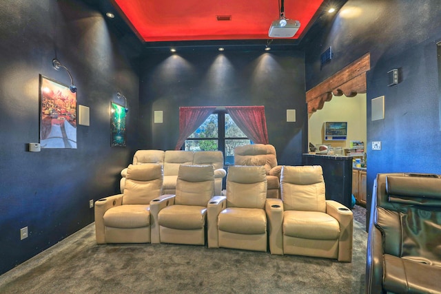 carpeted cinema with a tray ceiling