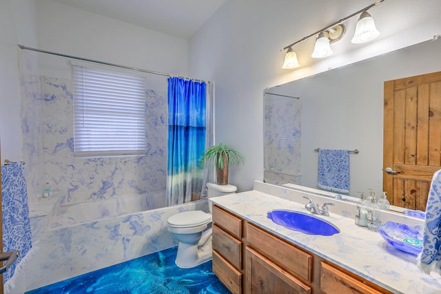 full bathroom featuring tile patterned flooring, vanity, toilet, and shower / bath combo with shower curtain