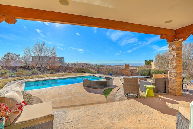 exterior space featuring a fenced in pool and a water view