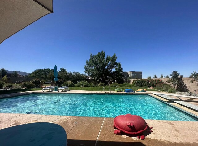 view of swimming pool with a patio area, a mountain view, outdoor lounge area, and a diving board