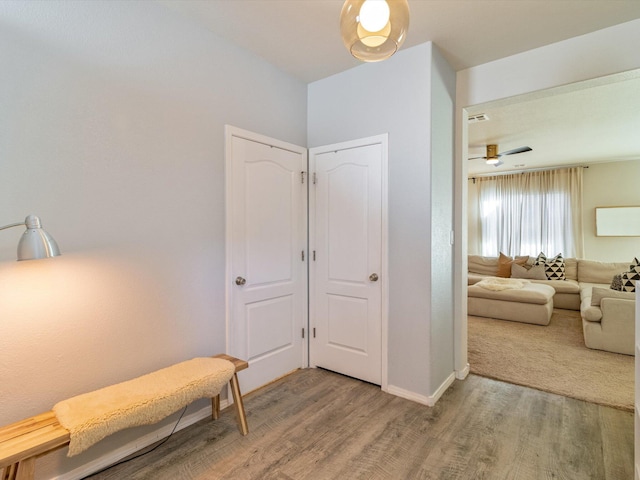 interior space featuring wood-type flooring and ceiling fan