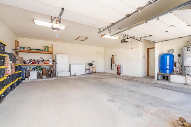 garage with a garage door opener and gas water heater