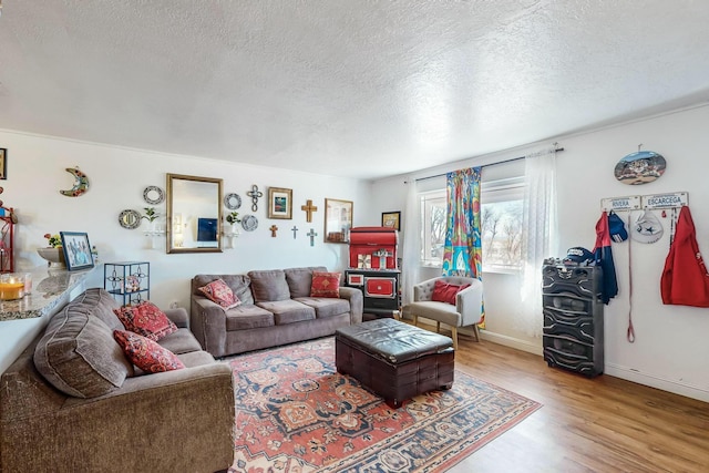 living room with hardwood / wood-style floors and a textured ceiling