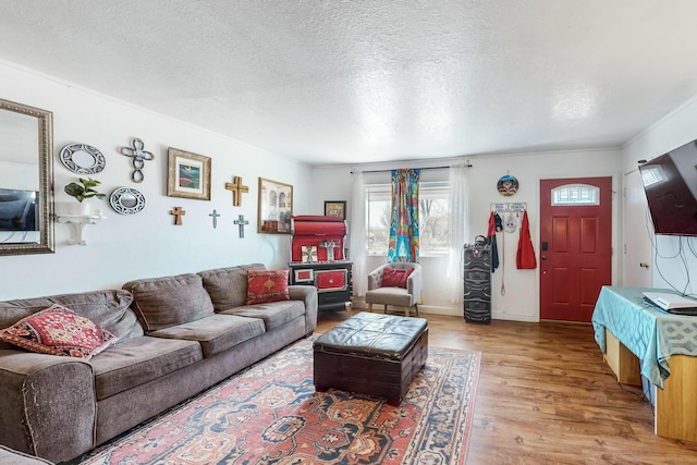 living room featuring hardwood / wood-style flooring, crown molding, and a textured ceiling