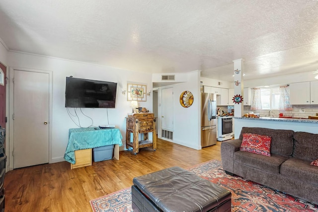 living room with a textured ceiling, light hardwood / wood-style floors, and sink