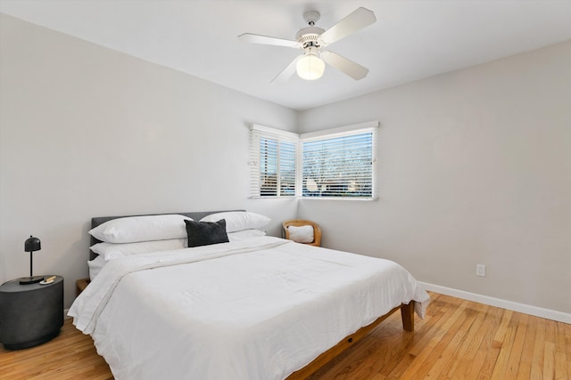 bedroom with ceiling fan and wood-type flooring