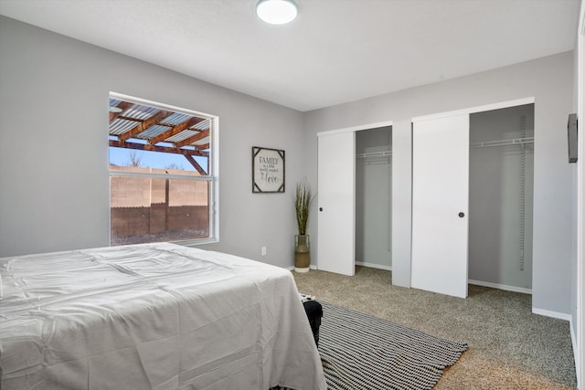 bedroom with carpet flooring and multiple closets