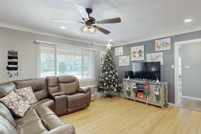 living room featuring ceiling fan and light hardwood / wood-style flooring