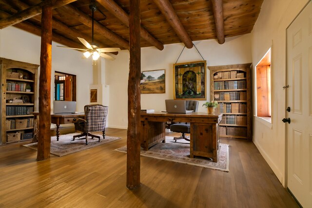 office featuring wooden ceiling, dark hardwood / wood-style flooring, vaulted ceiling with beams, and ceiling fan