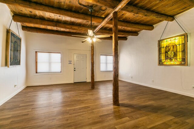 office space with beam ceiling, wood-type flooring, ceiling fan, and wooden ceiling