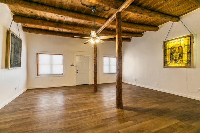 empty room featuring dark wood-type flooring, wood ceiling, and a ceiling fan