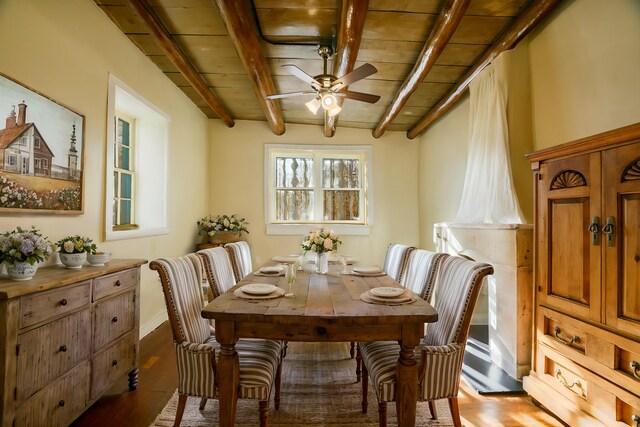 bedroom featuring wooden ceiling, beam ceiling, hardwood / wood-style floors, and ceiling fan