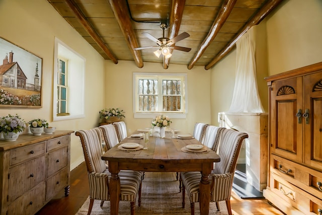 dining area with wood ceiling, ceiling fan, light wood-type flooring, beamed ceiling, and baseboards