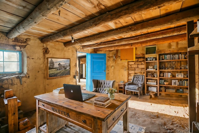 office space with wooden ceiling and beam ceiling