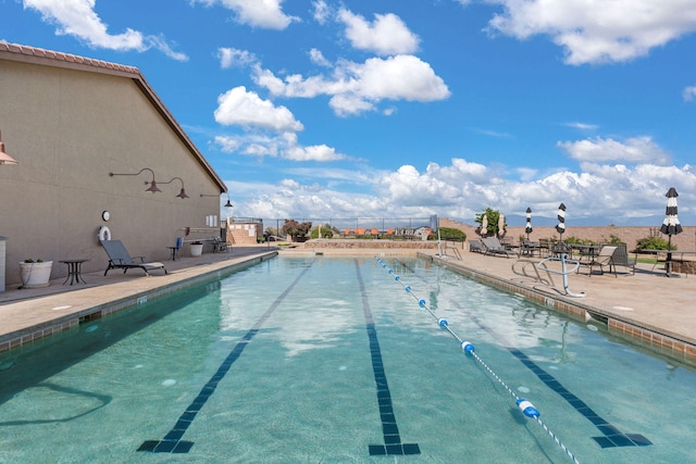 view of swimming pool featuring a patio area